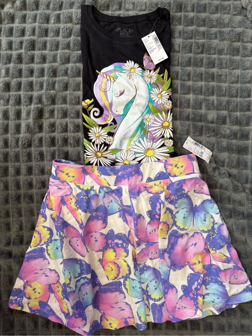 NWT Girls XL The Children's Place Black Unicorn Tee Pastel Butterfly Skirt (B2)